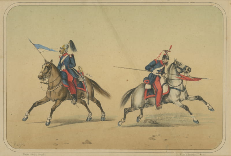 Spanish Cavalry Lithograph by José Rubio y Villegas: Lancers, 1861