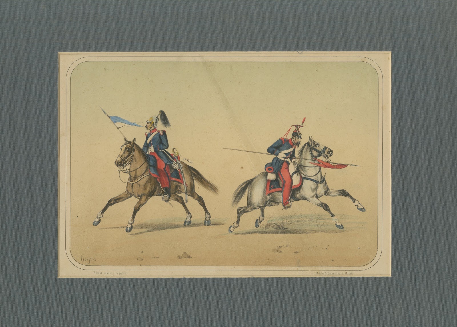 Spanish Cavalry Lithograph by José Rubio y Villegas: Lancers, 1861