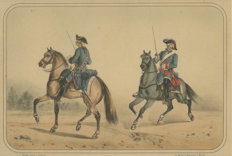 Spanish Cavalry Lithograph by José Rubio y Villegas: Sabre Officers, 1861