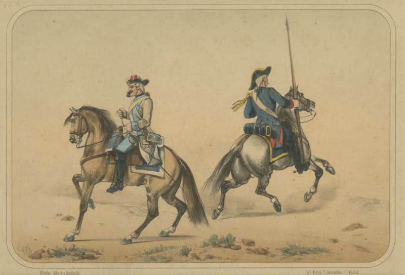 Spanish Cavalry Lithograph by José Rubio y Villegas: Mounted Lancer, 1861