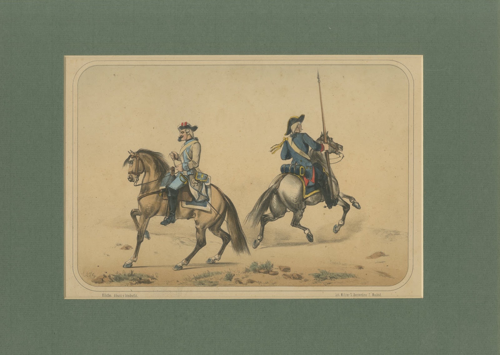 Spanish Cavalry Lithograph by José Rubio y Villegas: Mounted Lancer, 1861