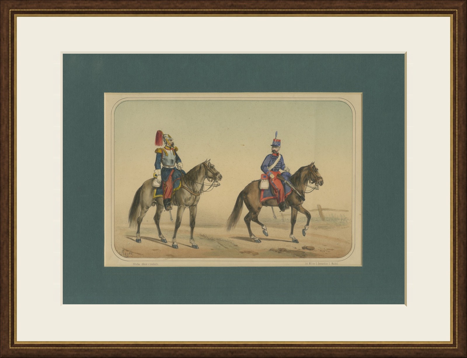 Spanish Cavalry Lithograph by José Rubio y Villegas: Cuirassier and Lancer, 1861, view 2