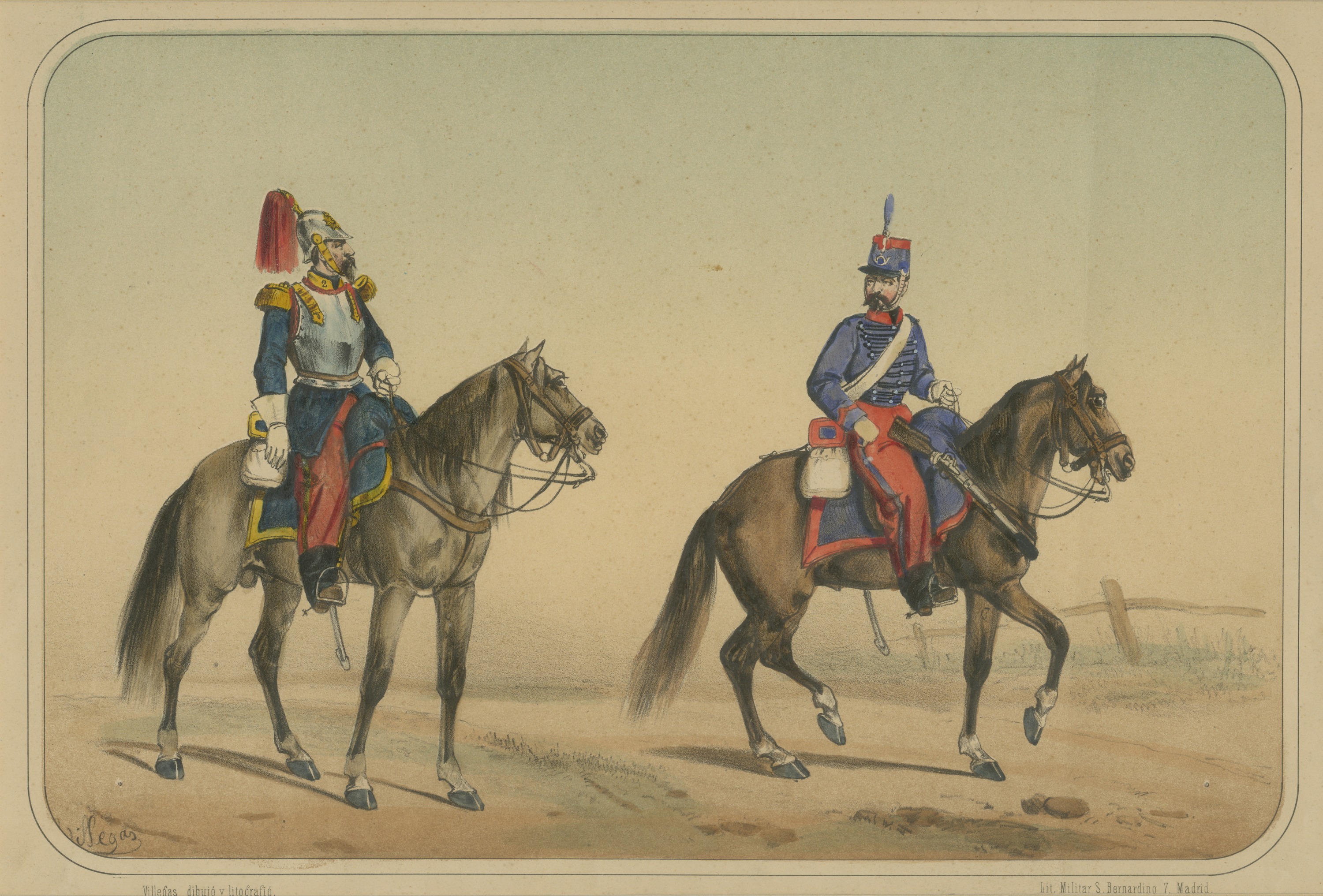 Spanish Cavalry Lithograph by José Rubio y Villegas: Cuirassier and Lancer, 1861
