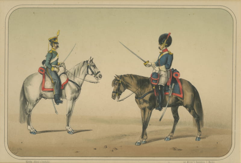 Spanish Cavalry Lithograph by José Villegas: Officers with Sabres, 1861