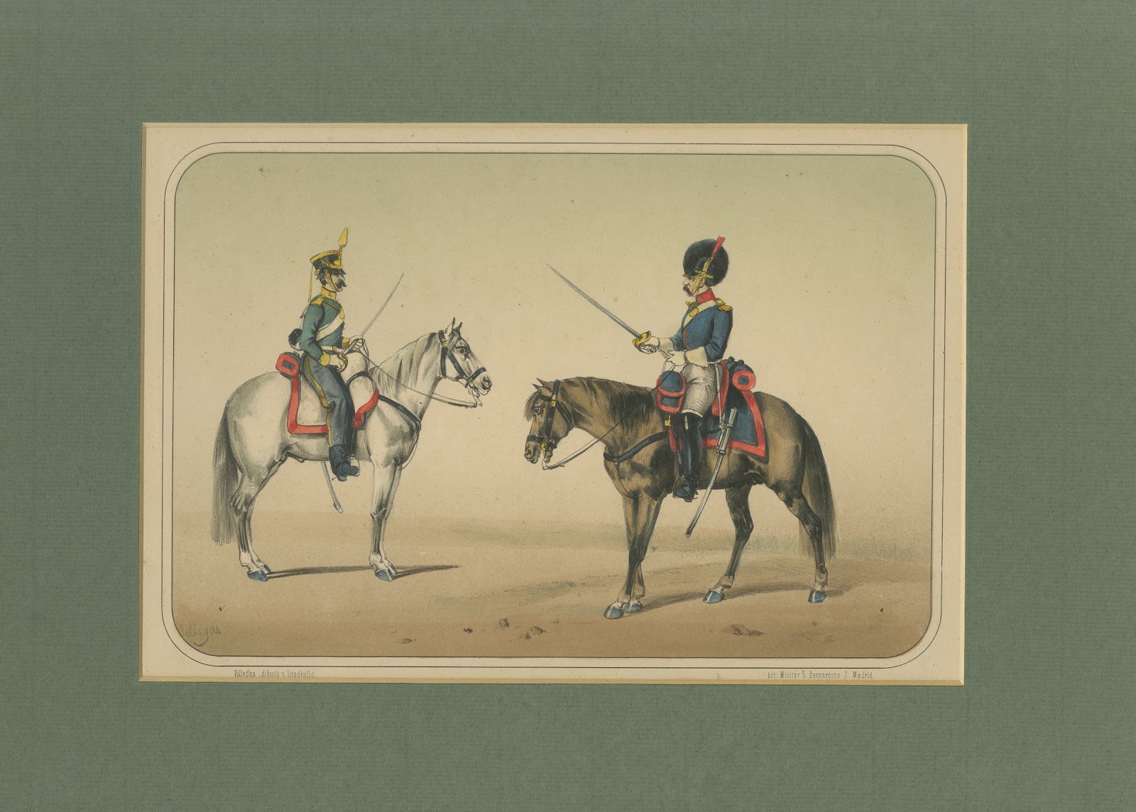 Spanish Cavalry Lithograph by José Villegas: Officers with Sabres, 1861