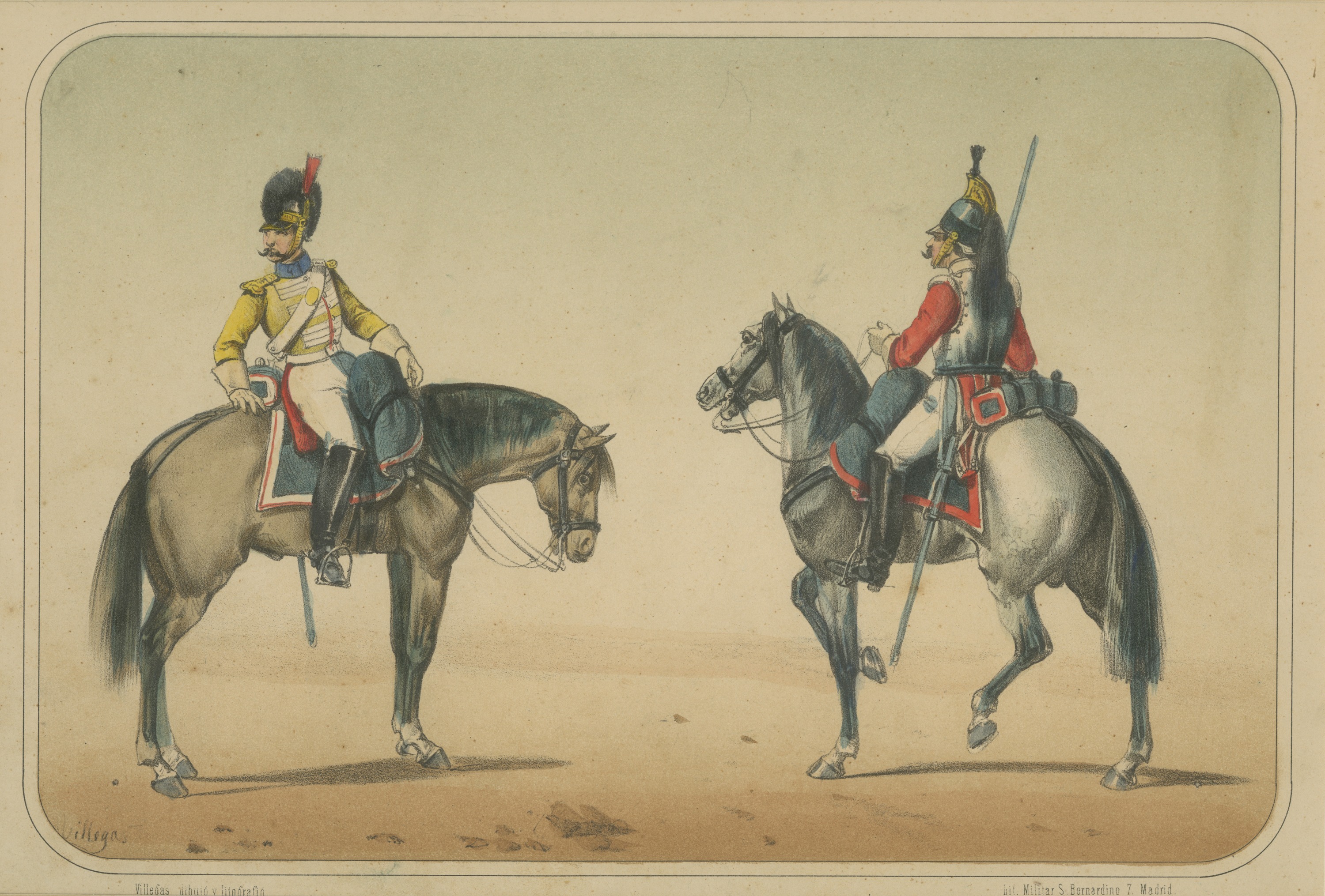 Spanish Cavalry Lithograph by José Villegas: Lancer and Officer, 1861