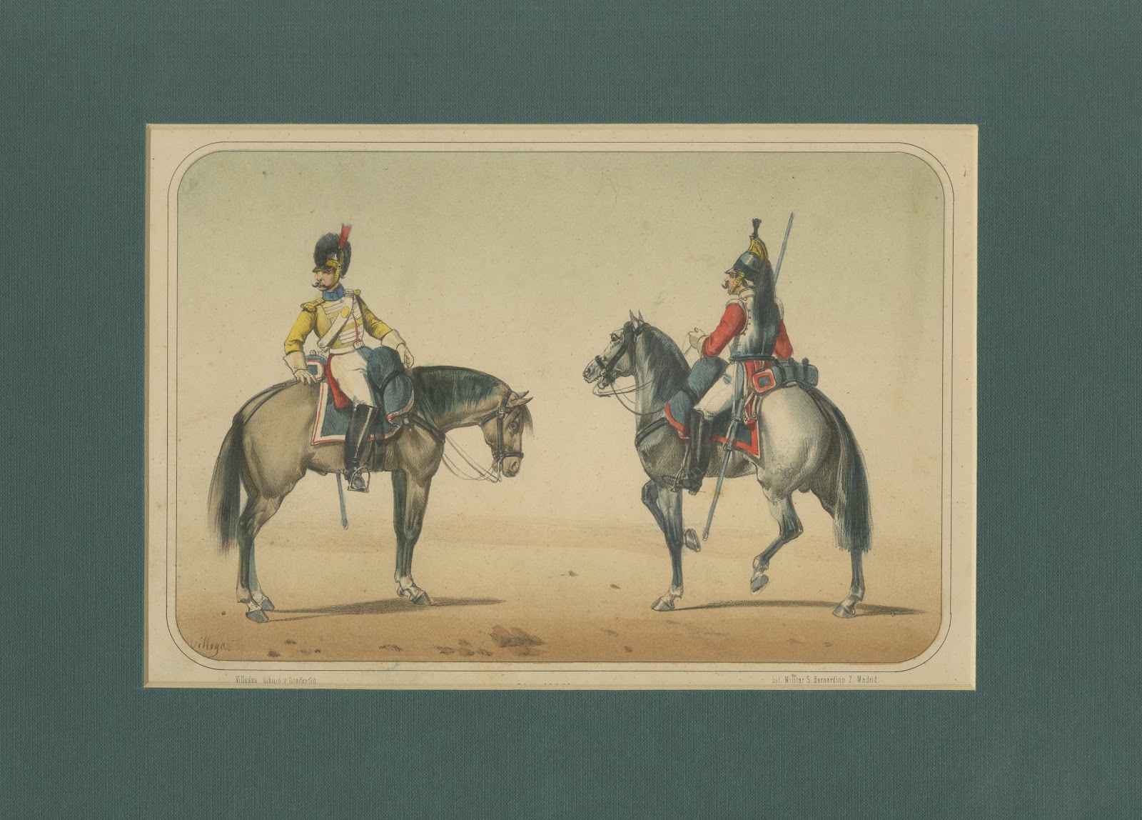 Spanish Cavalry Lithograph by José Villegas: Lancer and Officer, 1861
