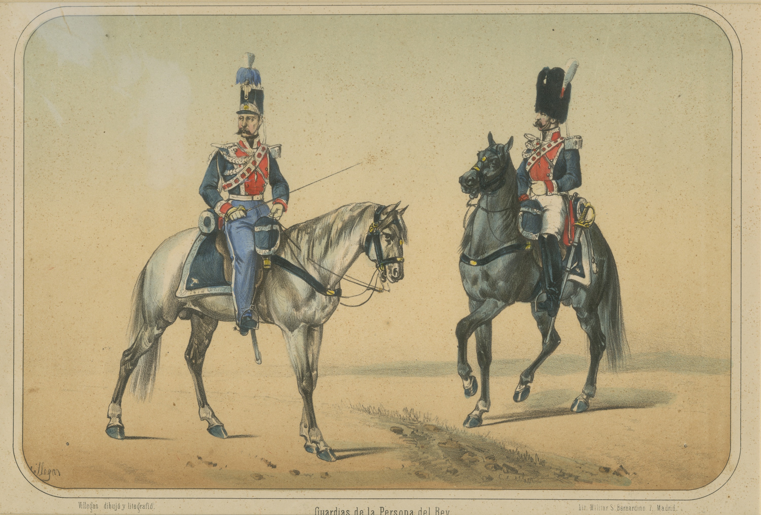 Spanish Cavalry Lithograph by José Villegas: Royal Bodyguards, 1861