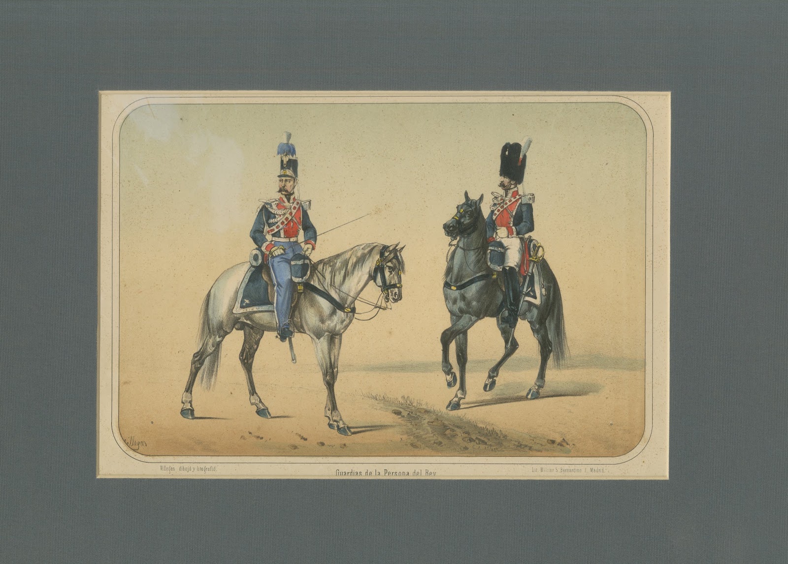 Spanish Cavalry Lithograph by José Villegas: Royal Bodyguards, 1861