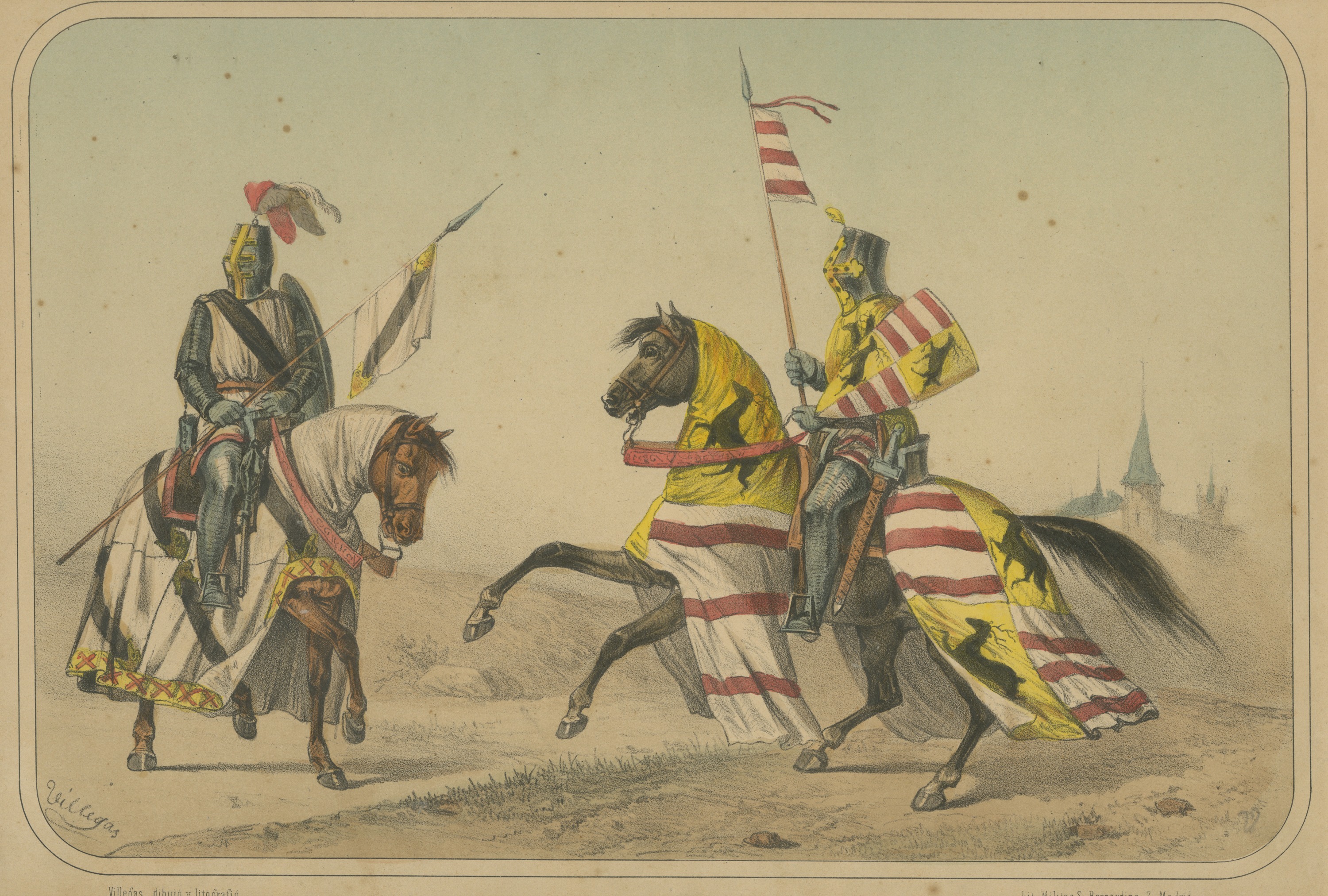 Spanish Cavalry Lithograph by José Villegas: Medieval Knights, 1861
