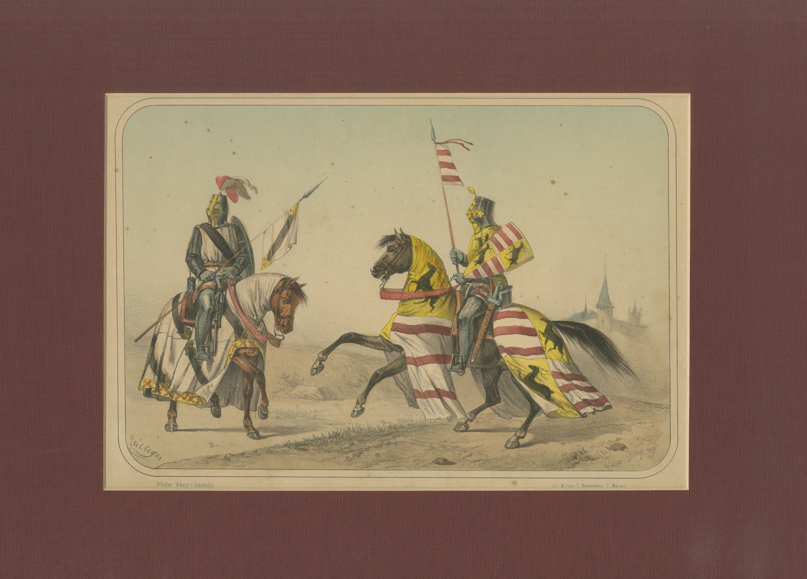 Spanish Cavalry Lithograph by José Villegas: Medieval Knights, 1861
