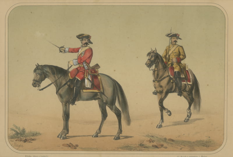 Spanish Cavalry Lithograph by José Villegas: Historic Officers, 1861