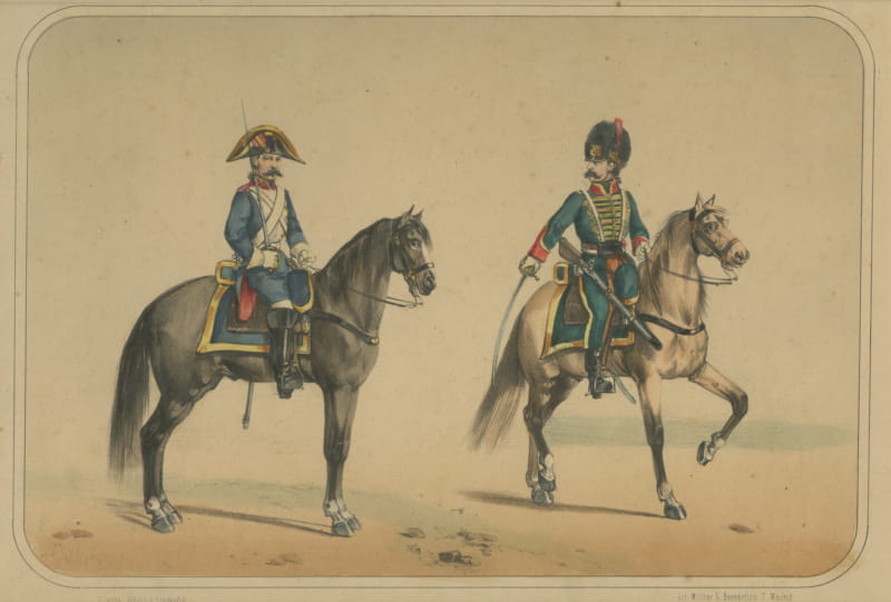 Spanish Cavalry Lithograph by José Villegas: Dragoon and Hussar, 1861