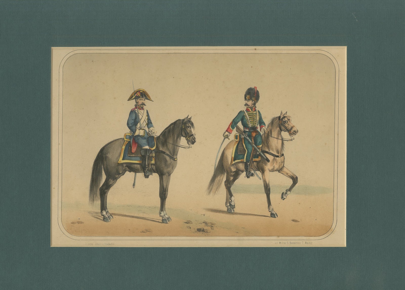 Spanish Cavalry Lithograph by José Villegas: Dragoon and Hussar, 1861