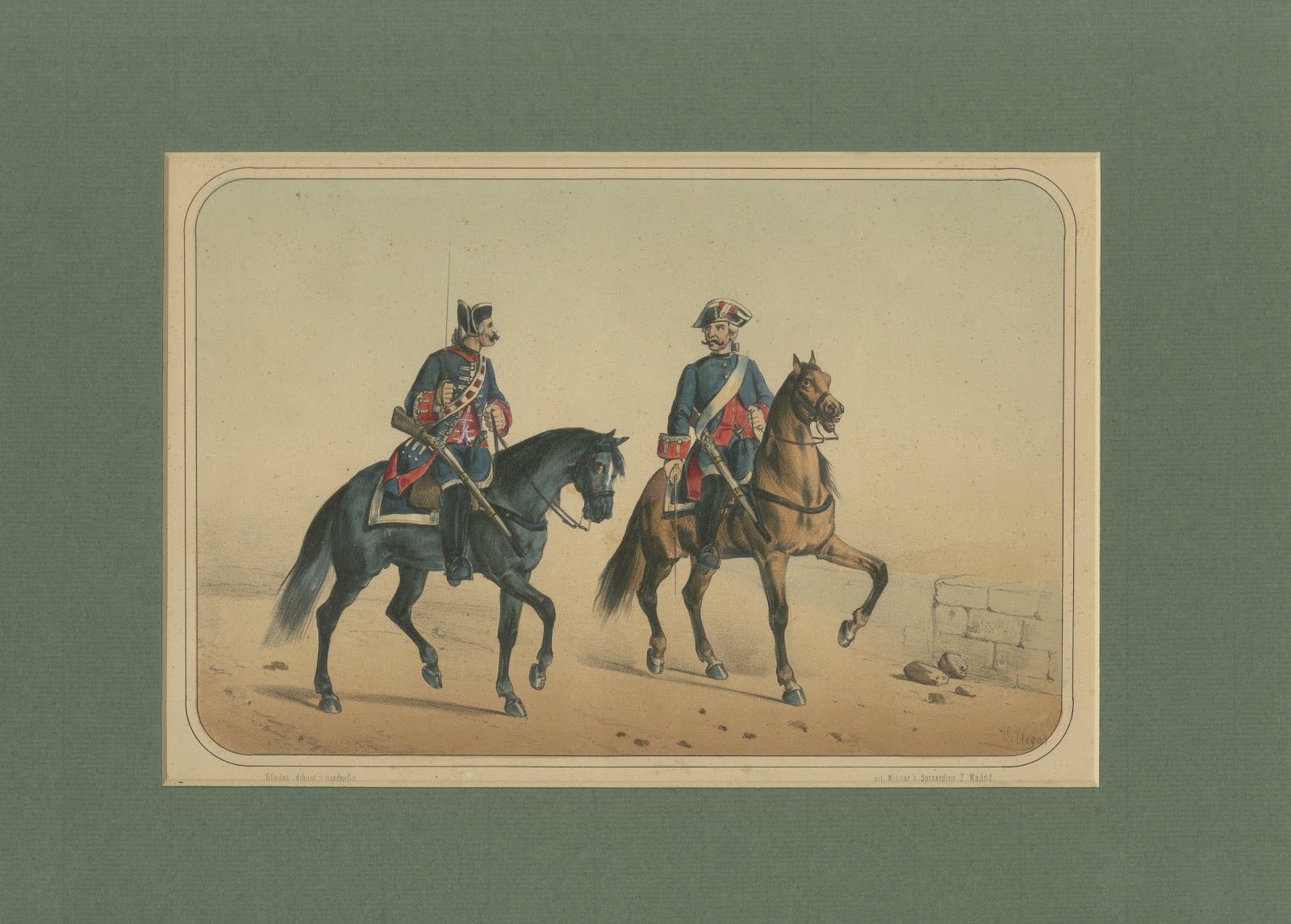 Spanish Cavalry Lithograph by José Rubio y Villegas: Mounted Dragoons, 1861