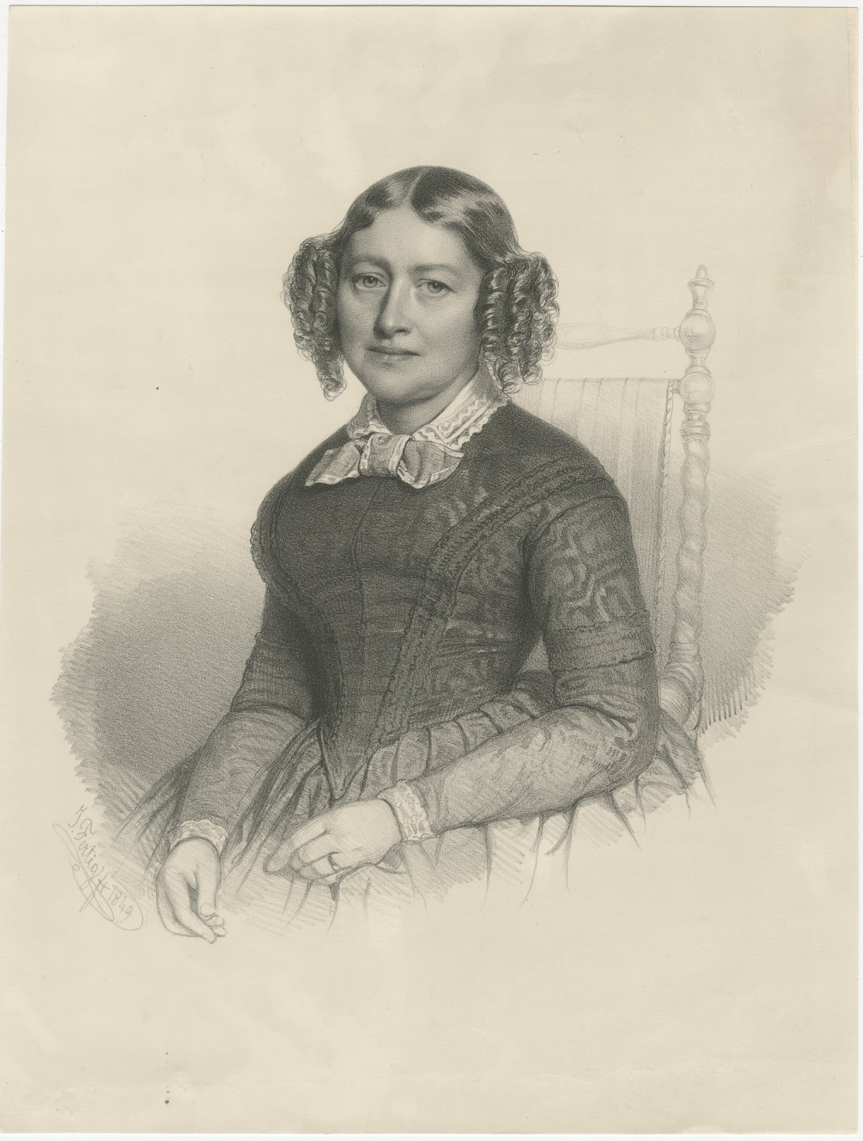 Unknown Biedermeier Lady, Original Antique Lithographic Portrait, 1849