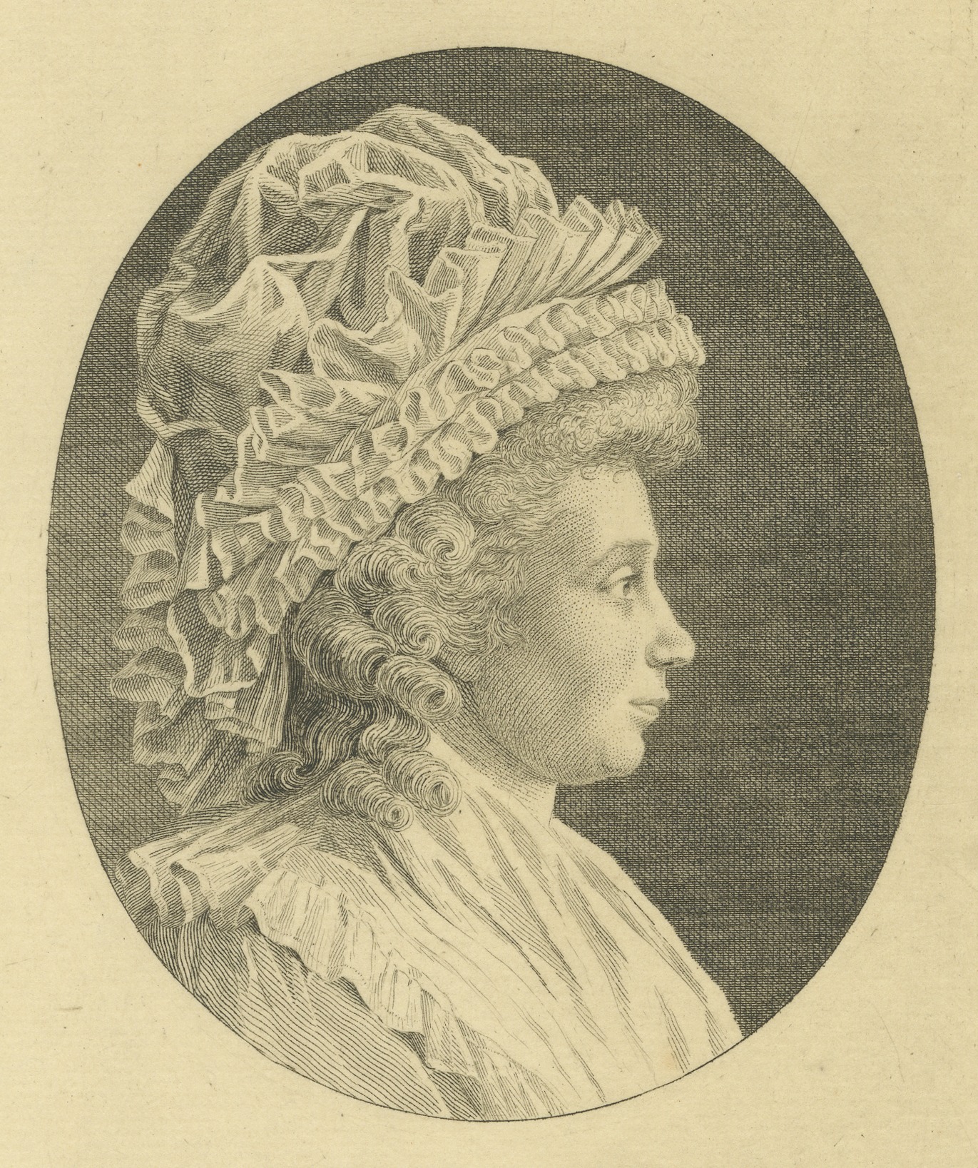 Woman in a Ruffled Bonnet, Profile Portrait in an Oval, Engraving, circa 1785