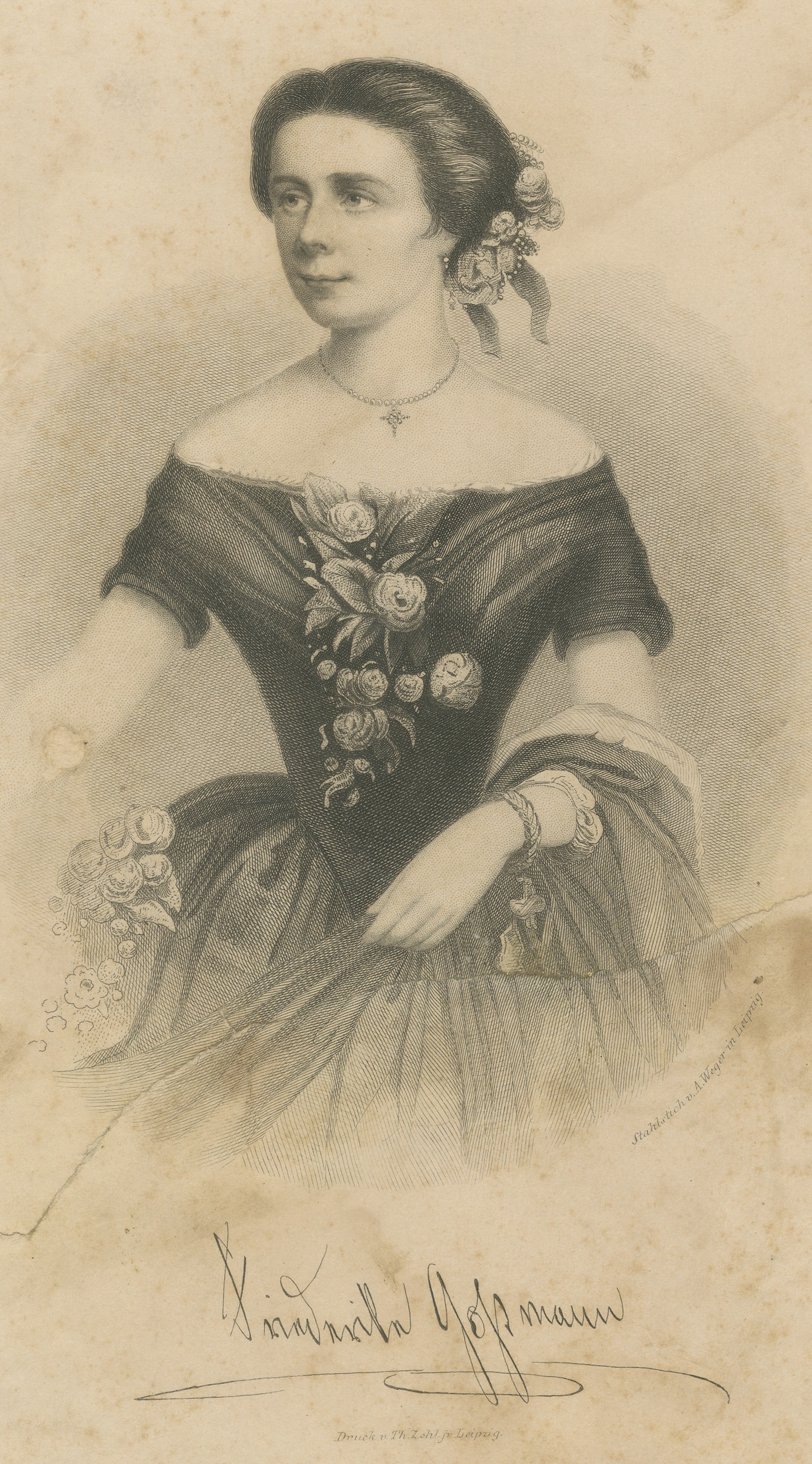Friederike Gossmann, Actress, Antique Steel Engraving by A. Weger, circa 1860