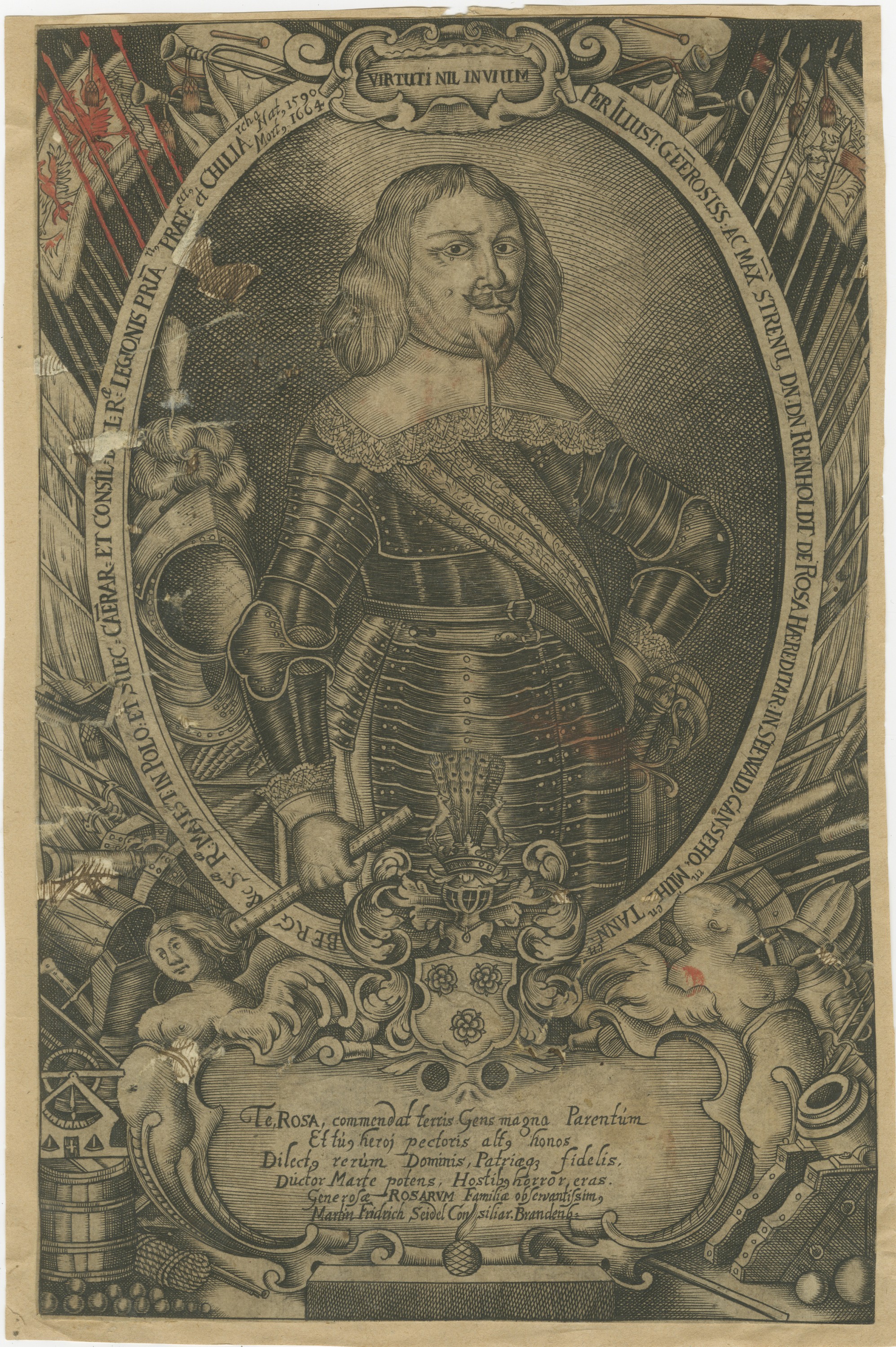 Reinhold de Rosa, Military Commander, Original Antique Engraving, circa 1660