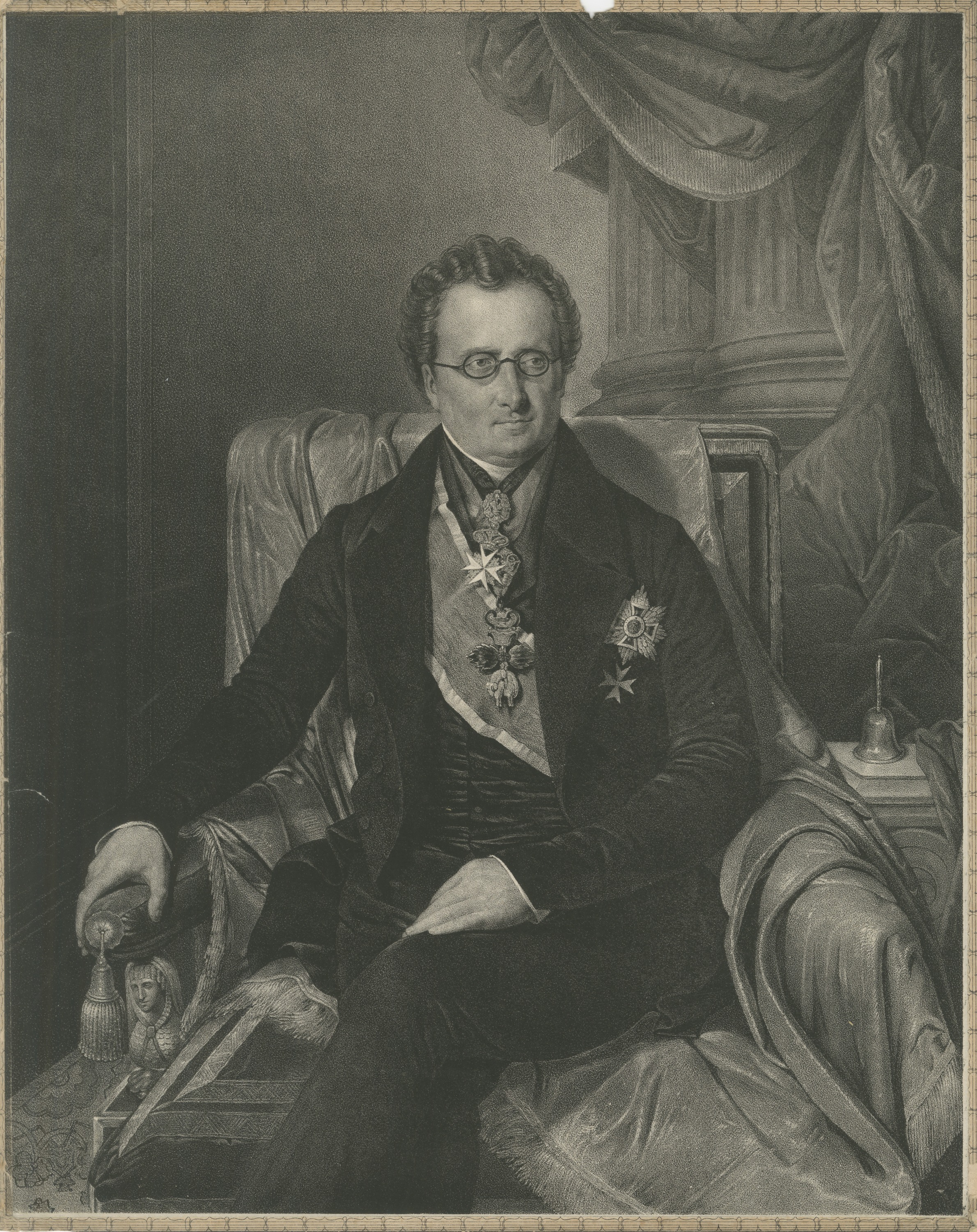 Decorated Statesman in Spectacles, Biedermeier Portrait Lithograph, circa 1840