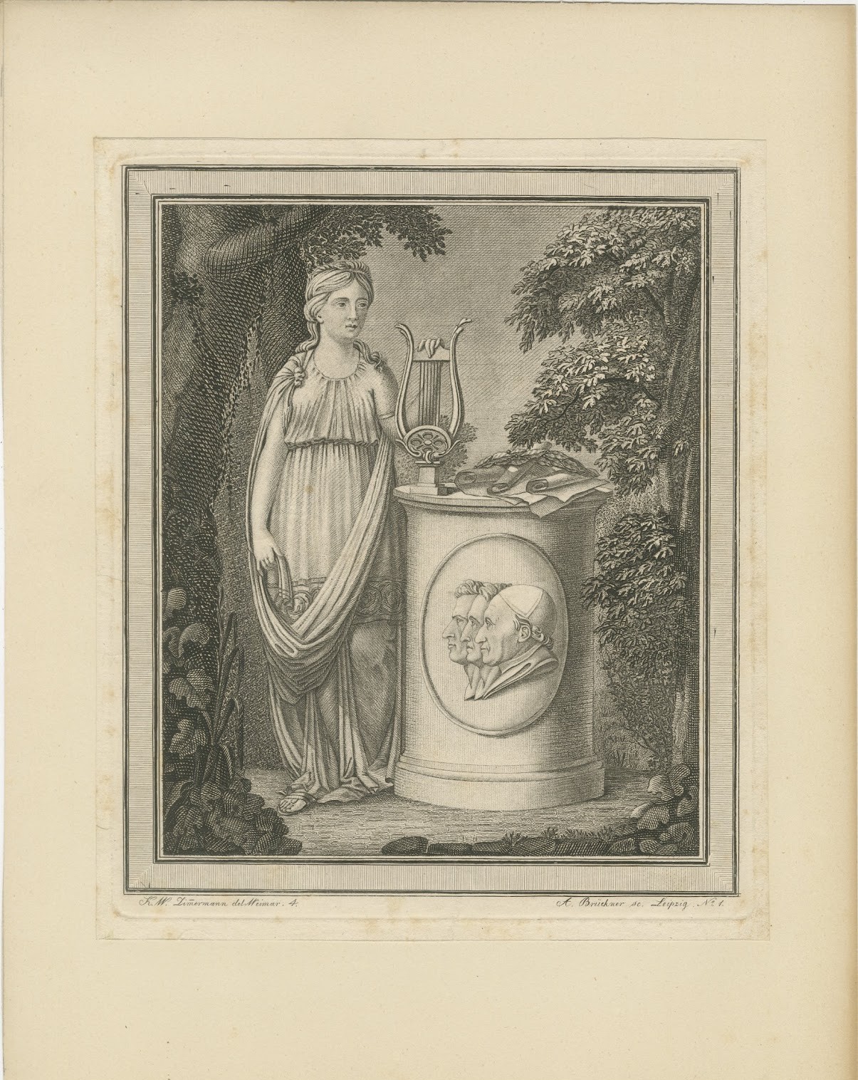 Monument to Schiller, Goethe and Wieland, Original Antique Engraving, circa 1820