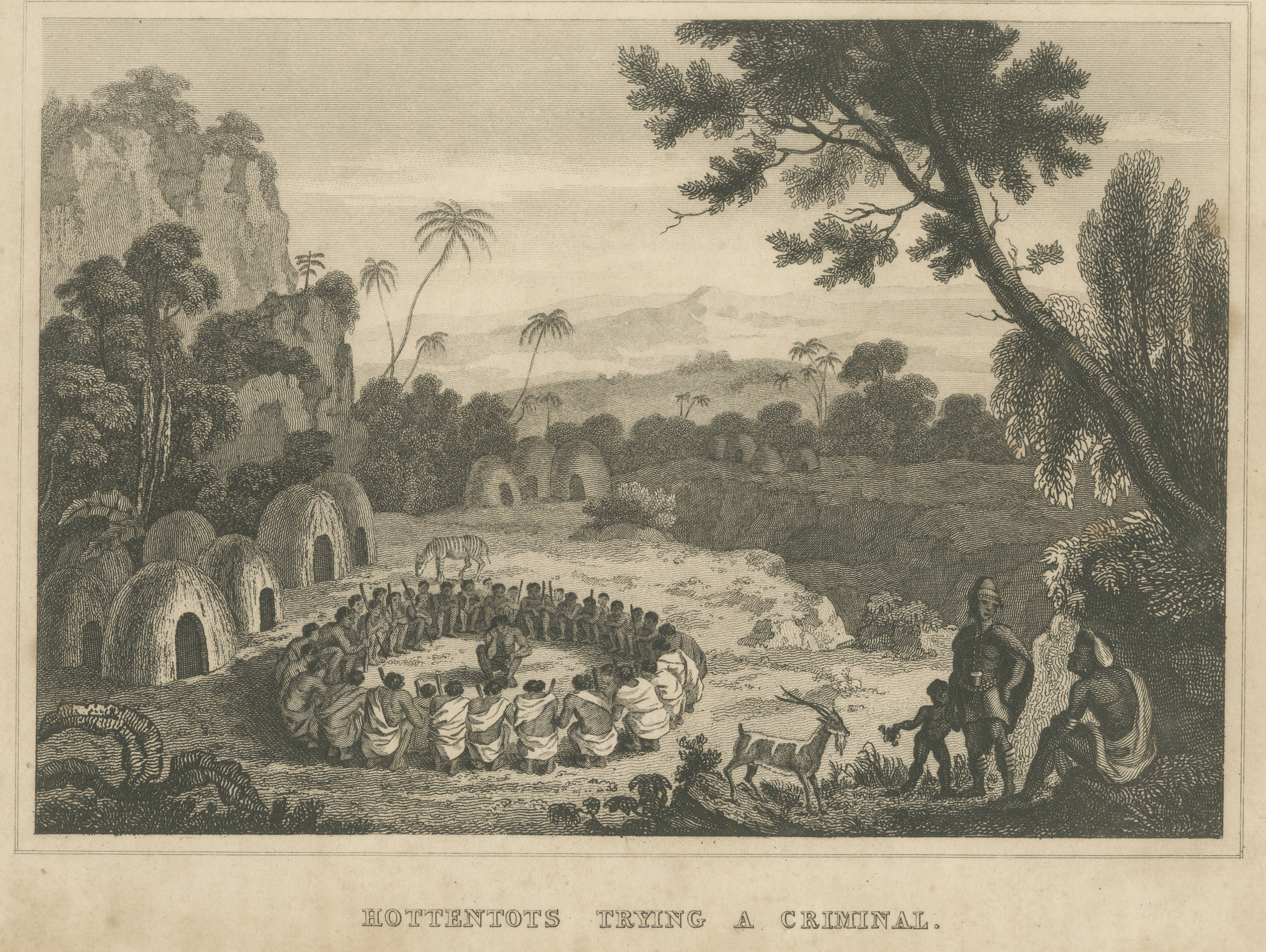 Khoikhoi Court Scene, Southern Africa, Antique Engraving, circa 1820