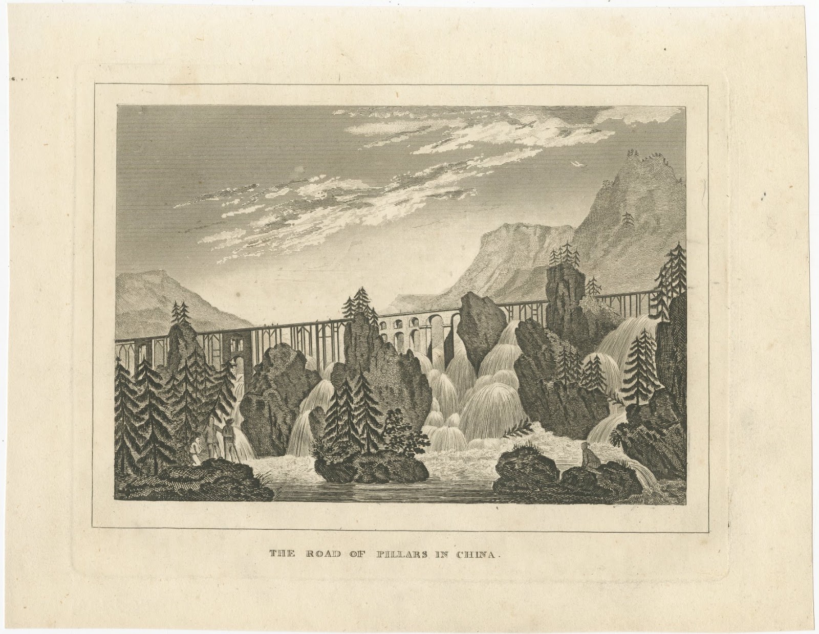 The Road of Pillars in China, Mountain Gorge, Antique Engraving, circa 1820