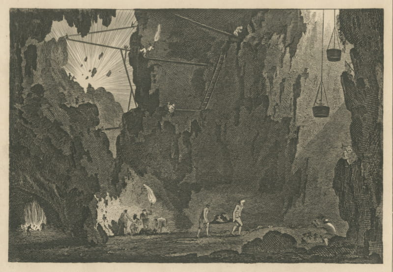 View of an Iron Mine, Underground Mining Scene, Antique Engraving, circa 1820