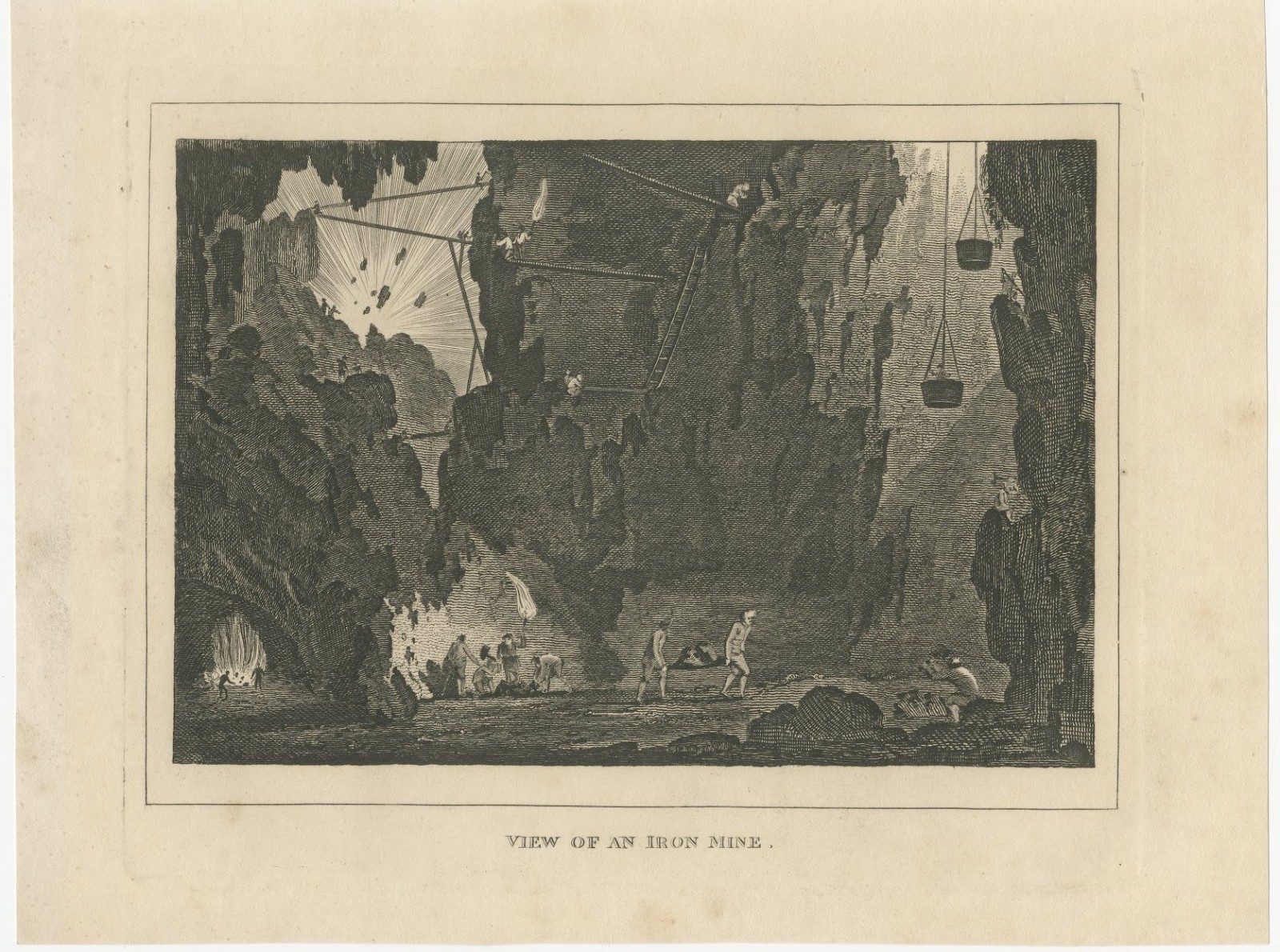 View of an Iron Mine, Underground Mining Scene, Antique Engraving, circa 1820