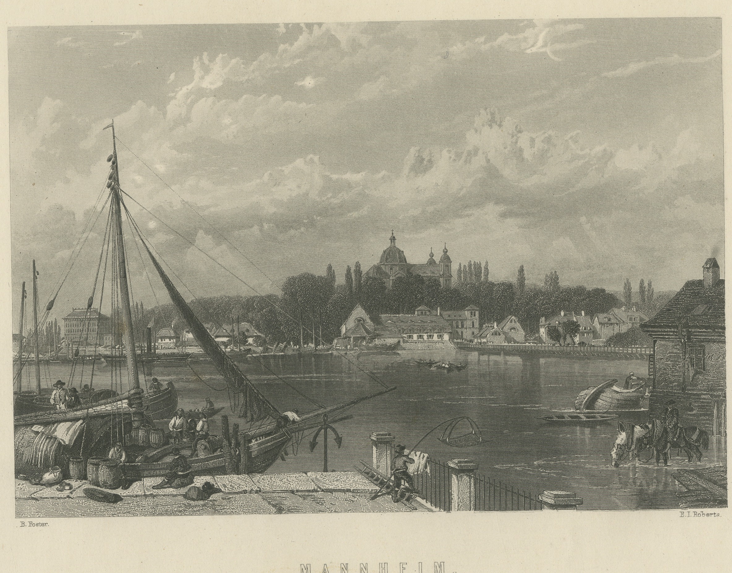Mannheim on the Rhine, Germany, River View, Antique Steel Engraving, circa 1865