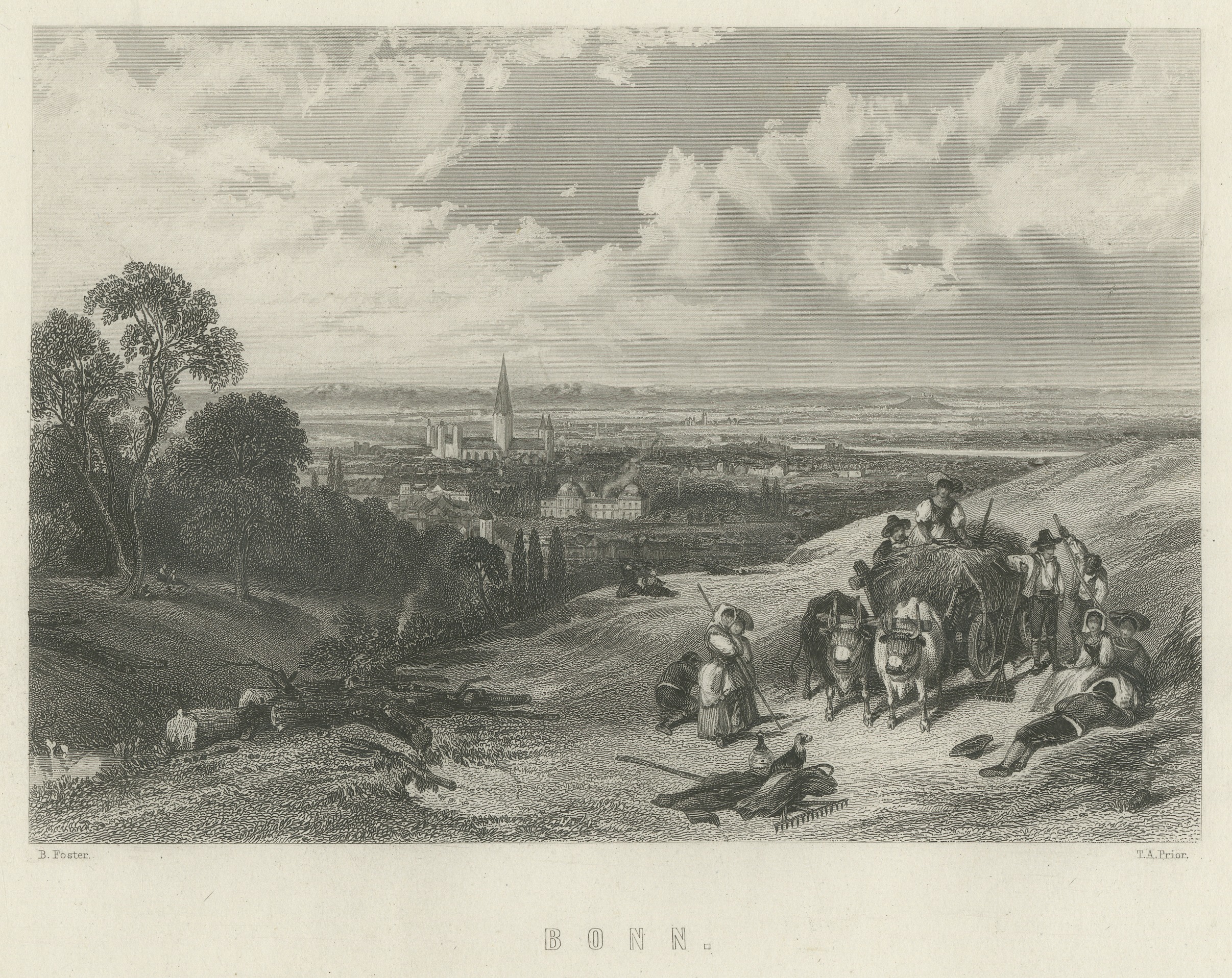 Bonn on the Rhine, German Harvest Landscape, Antique Steel Engraving, circa 1865