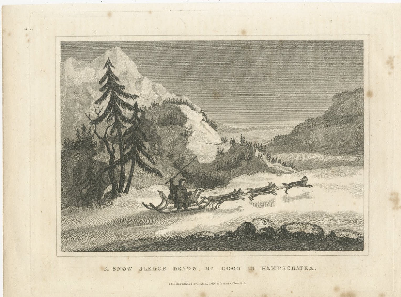 Snow Sledge Drawn by Dogs in Kamchatka, Russia, Antique Engraving, 1829