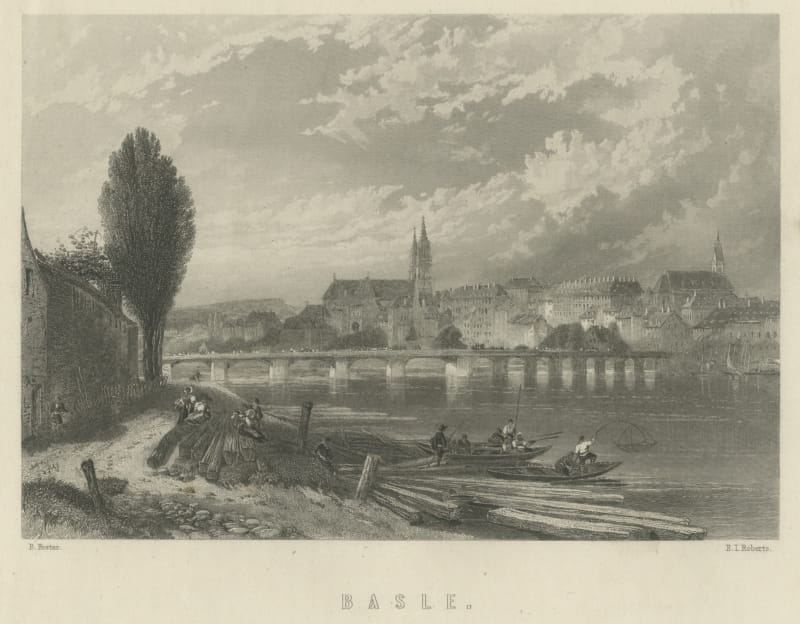 Basle (Basel), Switzerland, Rhine View, Antique Steel Engraving, circa 1865