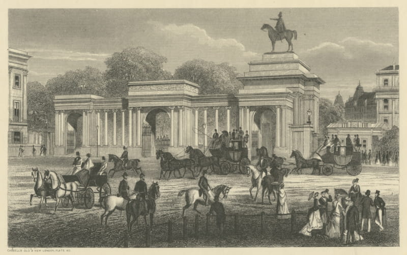 Entrance to Hyde Park, Victorian London, Antique Engraving, circa 1880