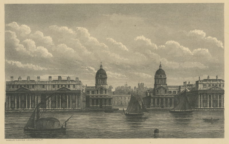 Greenwich Hospital from the River, Thames, Wood Engraving, circa 1880