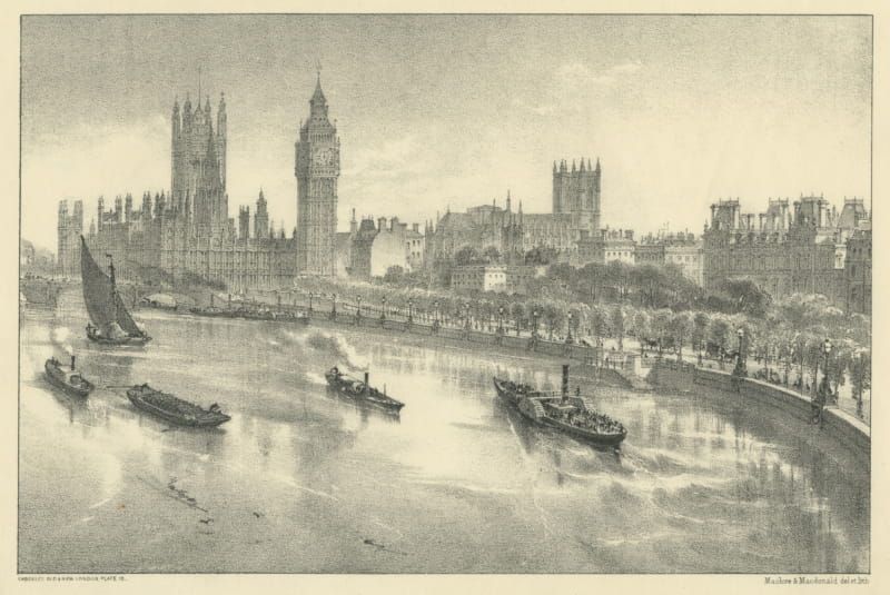 The Thames Embankment, Victorian London, Antique Tinted Lithograph, circa 1880