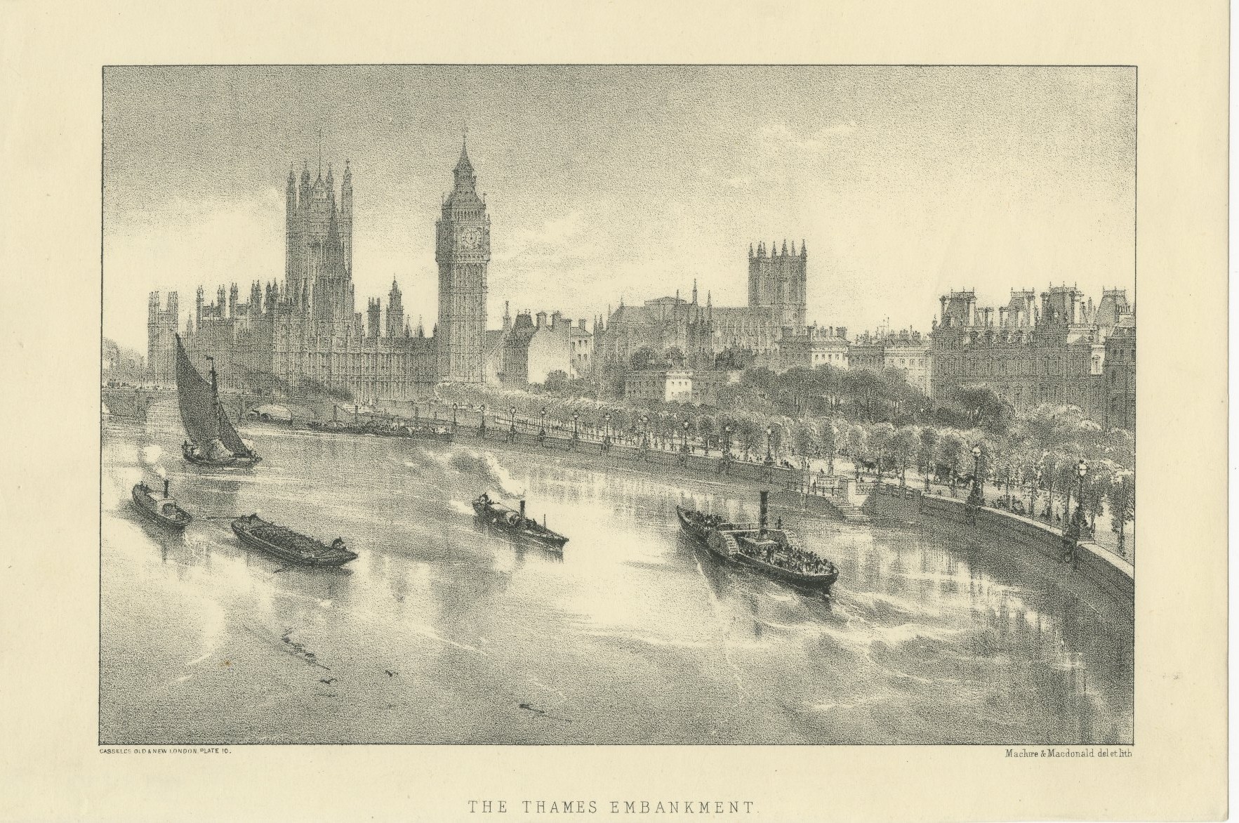 The Thames Embankment, Victorian London, Antique Tinted Lithograph, circa 1880