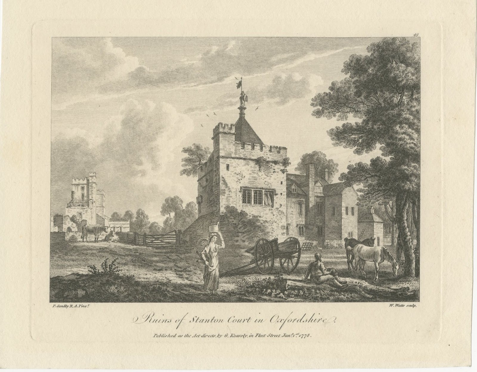 Ruins of Stanton Court, Oxfordshire, after Paul Sandby, Antique Engraving, 1778