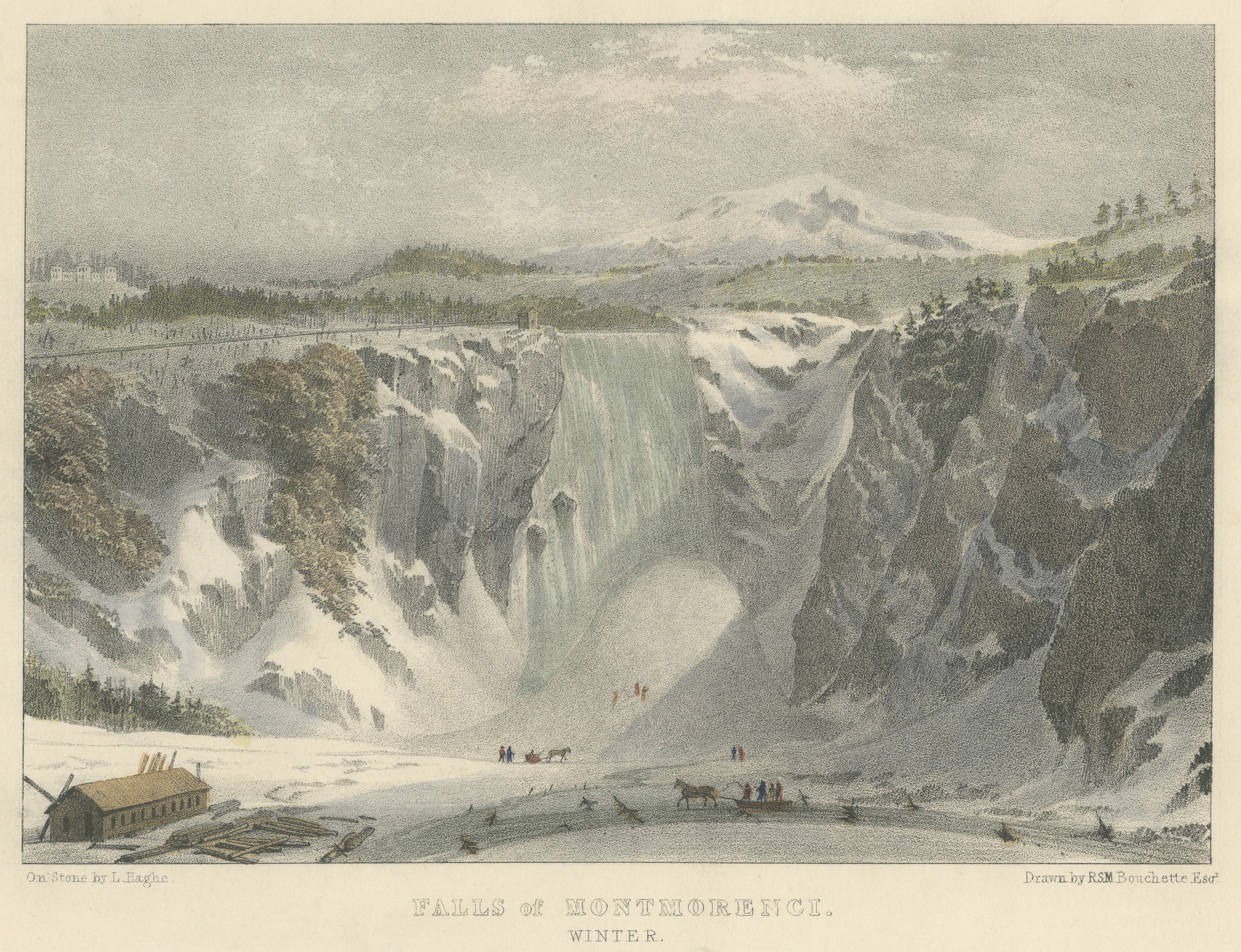 Montmorenci Falls, Canadian Winter Scene, Lithograph after Bouchette, circa 1832