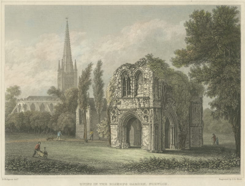 Ruins in the Bishop's Garden, Norwich, by J. Le Keux after Hodgson, circa 1830