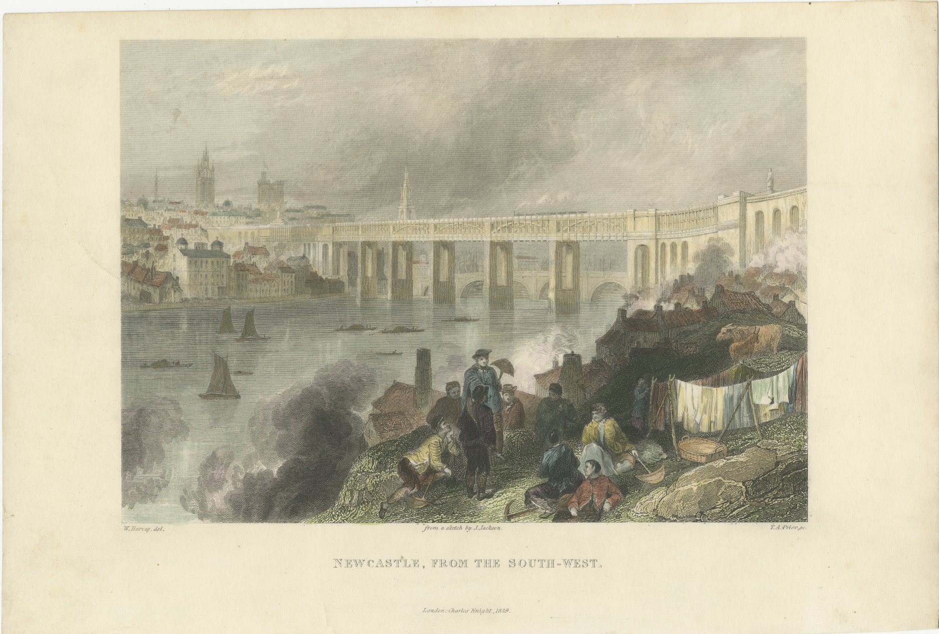 Newcastle, High Level Bridge, Hand Coloured Engraving, after Harvey, circa 1849