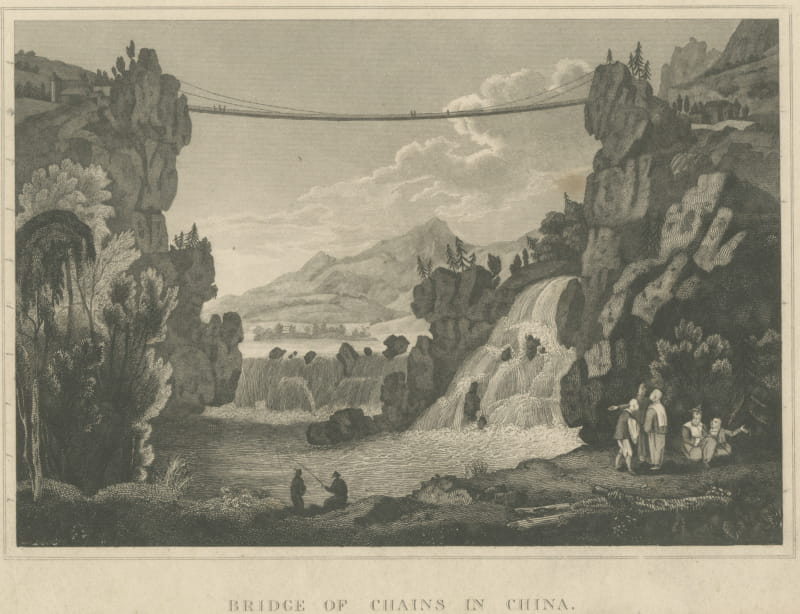 Bridge of Chains in China, Suspension Bridge, Antique Engraving, circa 1820