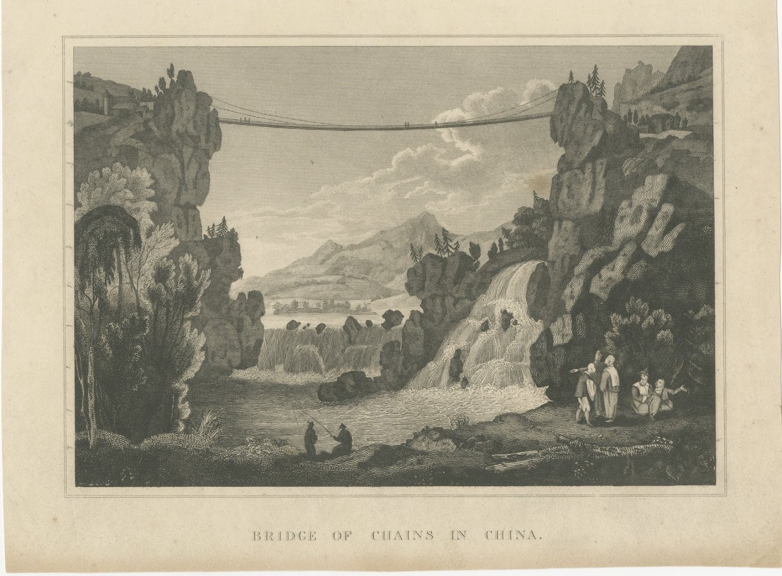 Bridge of Chains in China, Suspension Bridge, Antique Engraving, circa 1820