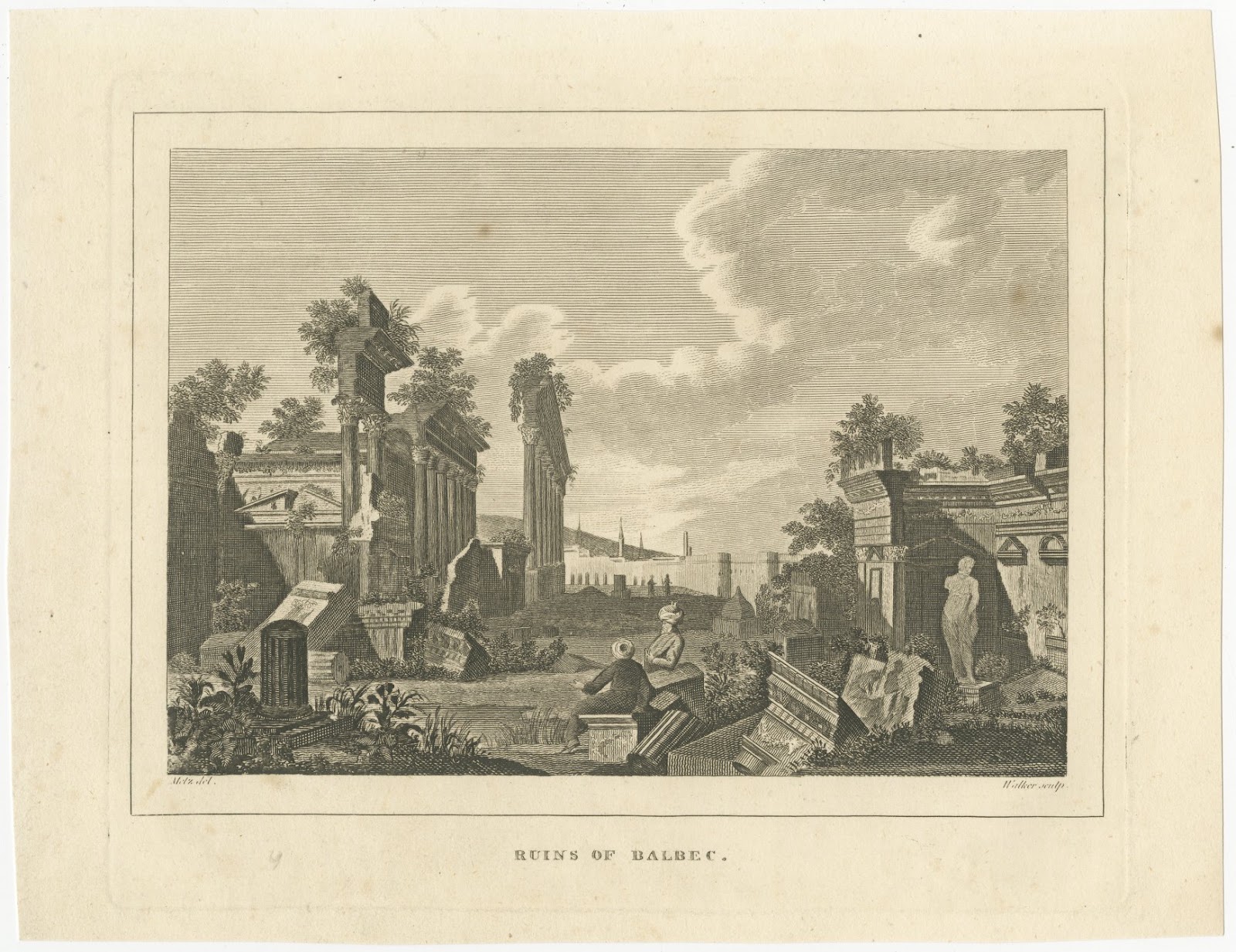 Ruins of Balbec, Baalbek, Lebanon, Antique Engraving, after Metz, circa 1820