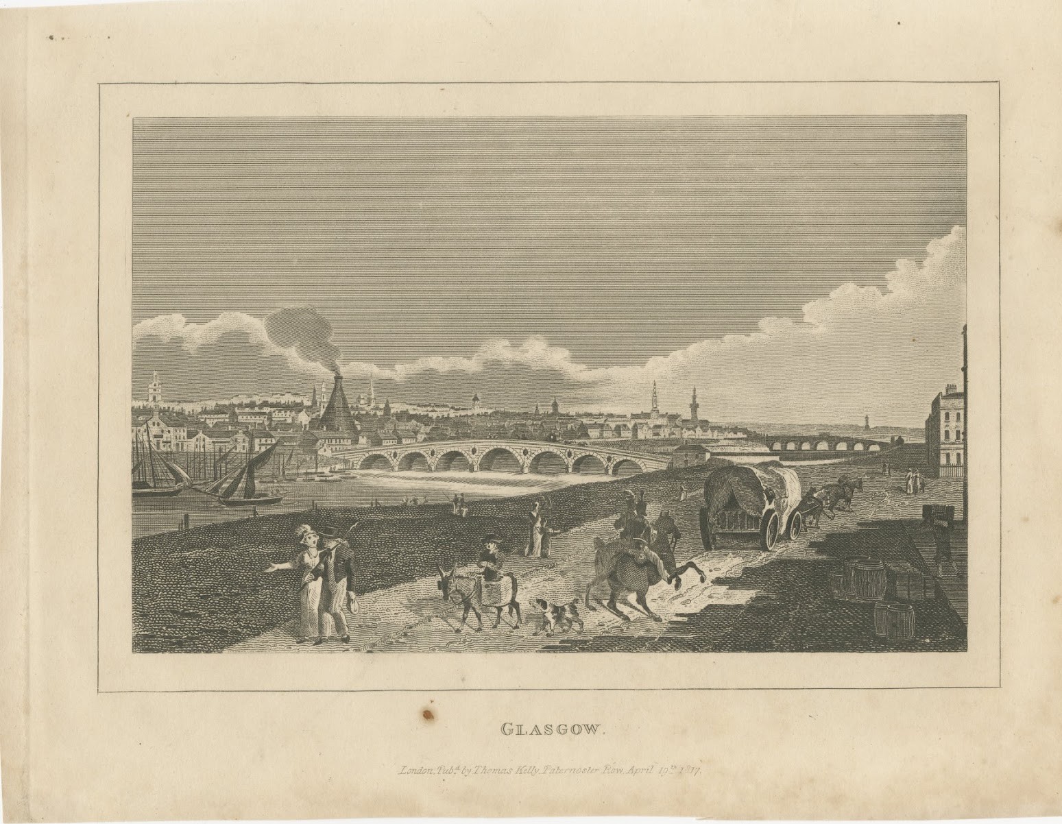 Glasgow and the River Clyde, Georgian City View, Antique Engraving, circa 1817