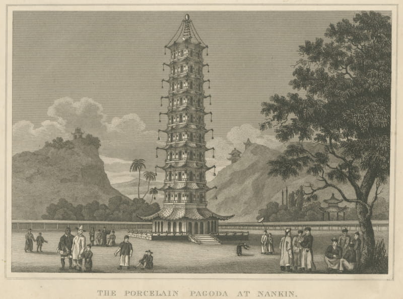 Porcelain Pagoda at Nankin, Nanjing, China, Antique Engraving, circa 1825