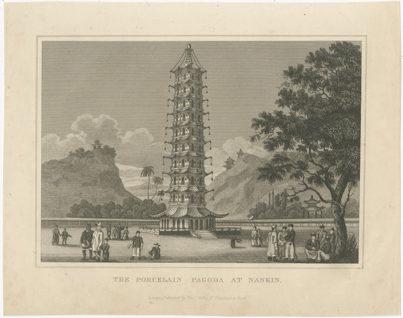 Porcelain Pagoda at Nankin, Nanjing, China, Antique Engraving, circa 1825