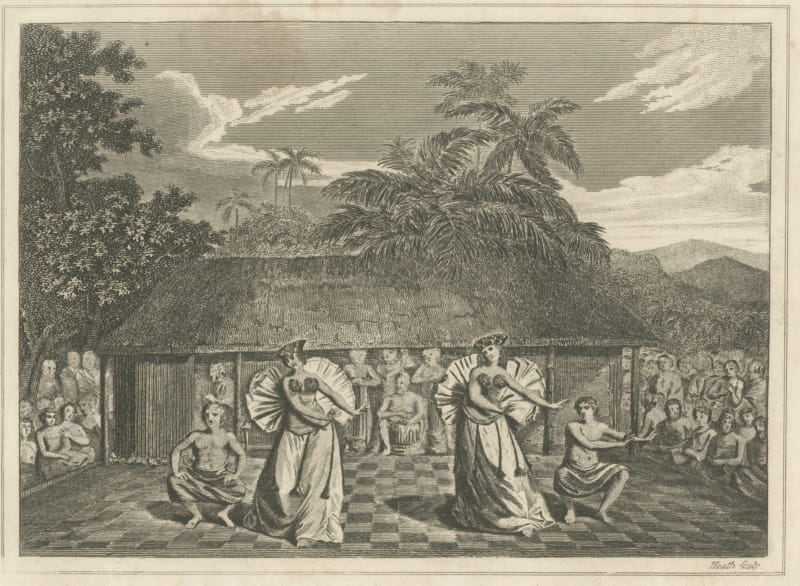 A Dance in Otaheite, Tahiti, Captain Cook Voyage, Antique Engraving, circa 1820