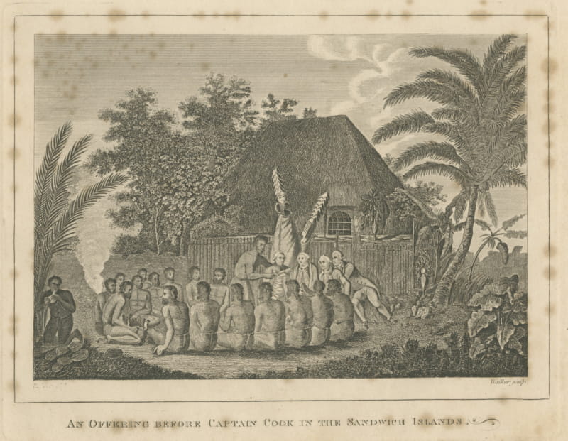 Offering Before Captain Cook, Hawaii, after Webber, Engraving, circa 1790