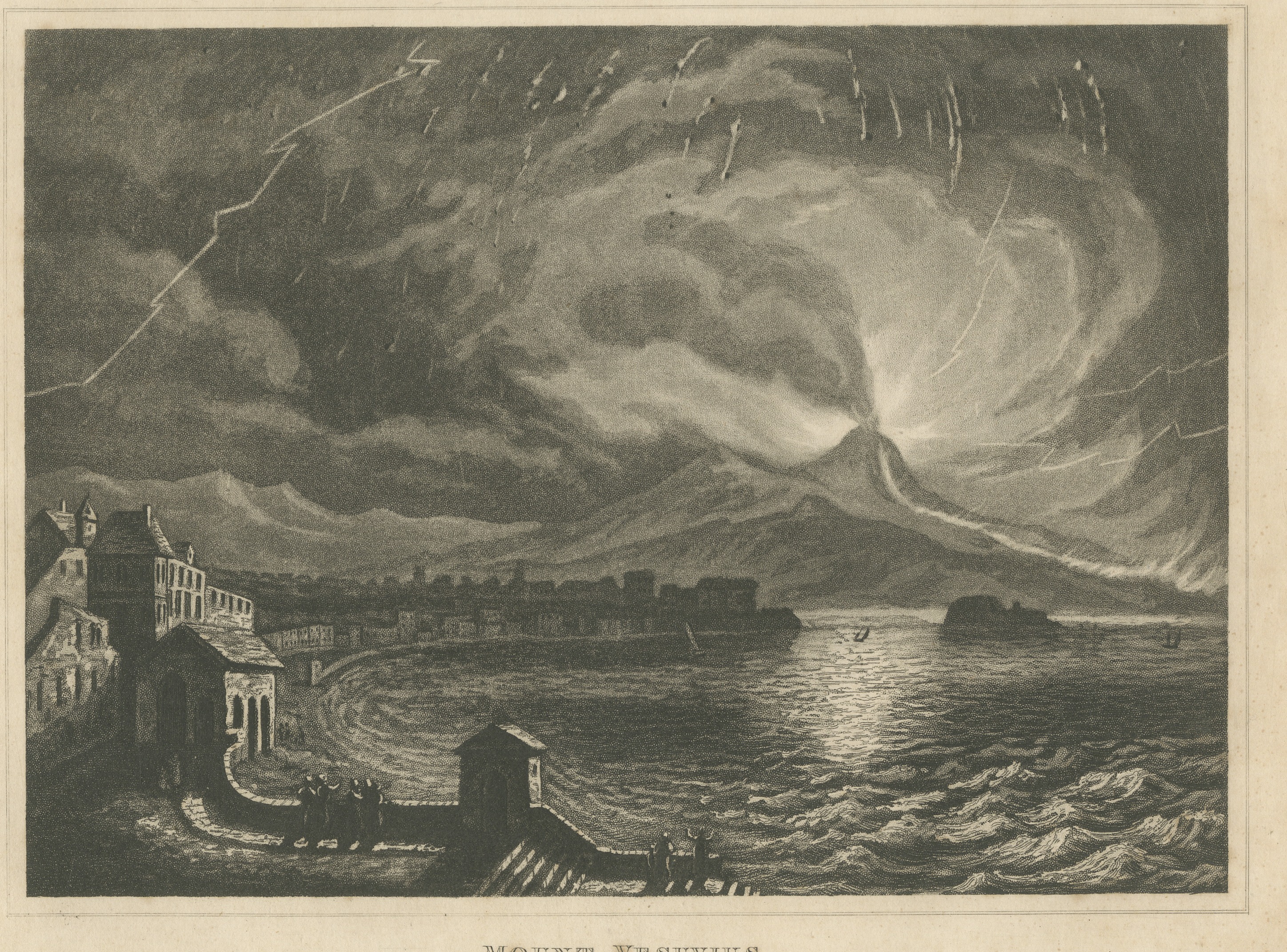 Mount Vesuvius Erupting at Night, Bay of Naples, Antique Steel Engraving, 1831